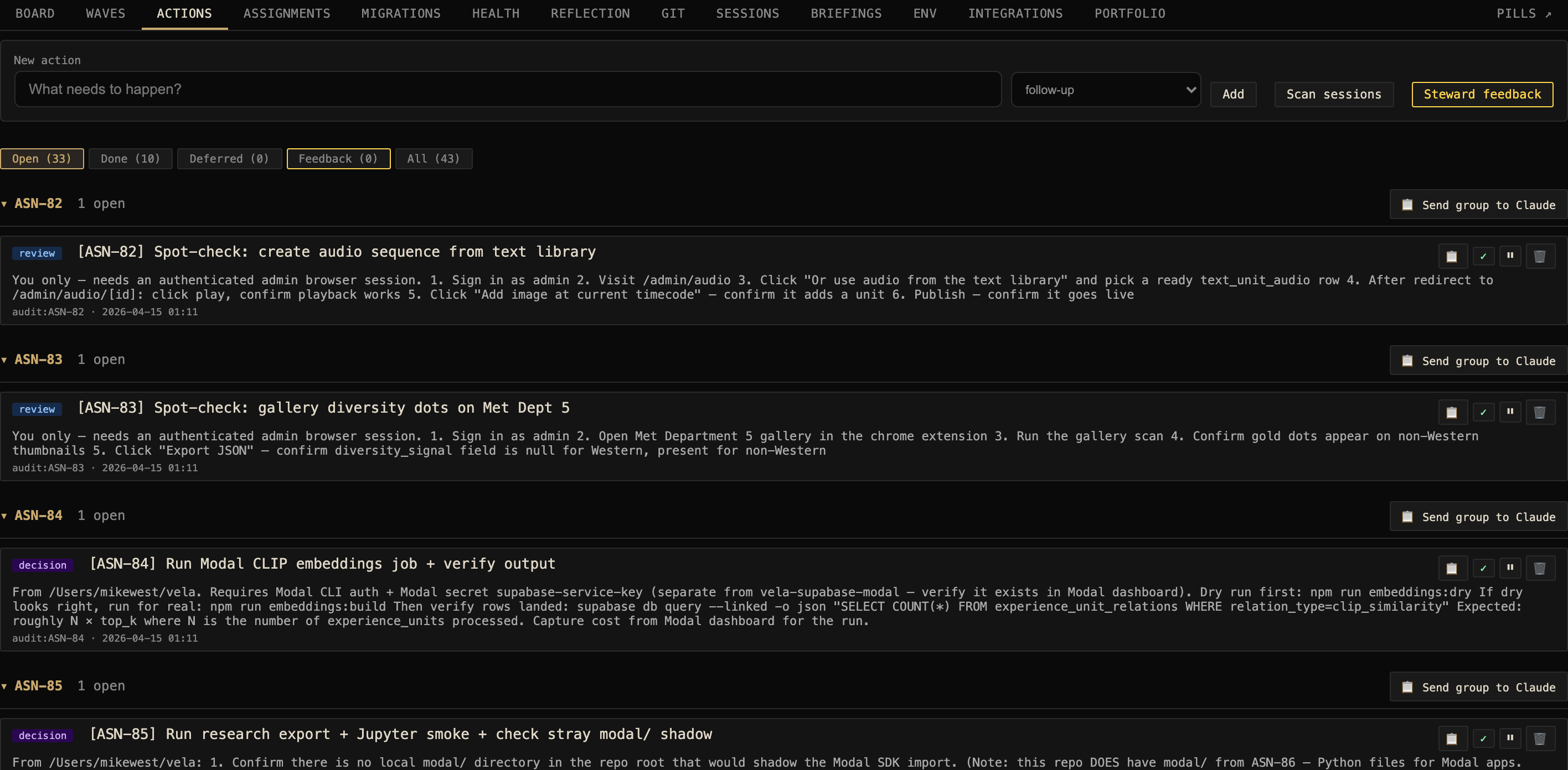 DevPlane Actions queue with captured items and priorities