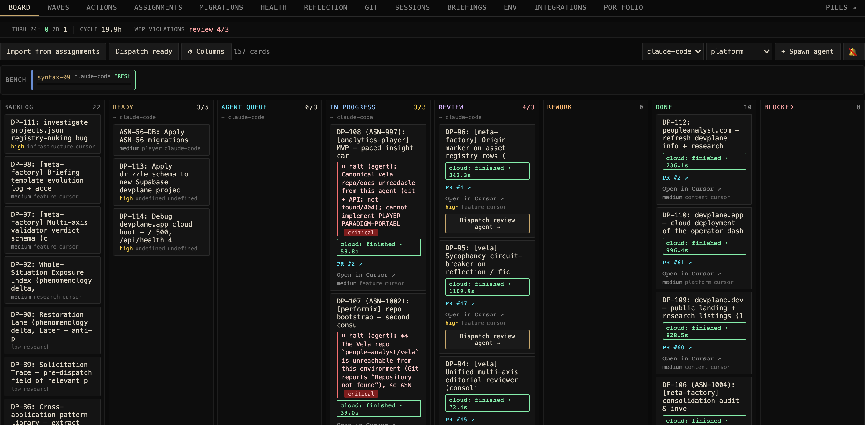 DevPlane kanban board across multiple projects